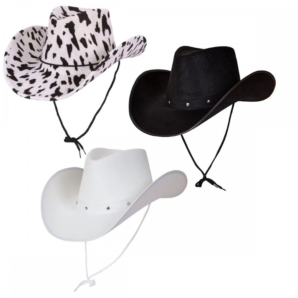 A2ZFD Adult Texan Cowboy Hats 3 PACK (1 x Black + 1 x White + 1 x Cowprint) : Wild West Rodeo Cowgirl Music Festival Rock or Pop Tour Fancy Dress Accessory
