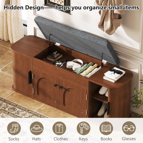 Image of Einhomn 47.2 inch Shoe Storage Bench with Cushion, Sliding Door Entryway Bench with Lift-Top Hidden Storage and Adjustable Shelf, Wooden Shoe Cabinet for Hallway, Bench for Bedroom End of Bed, Walnut