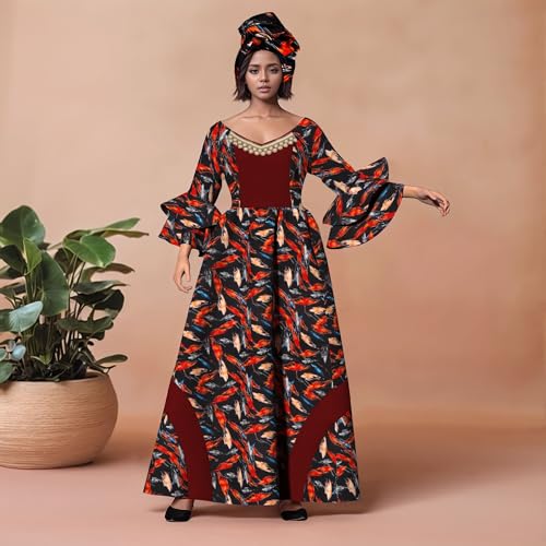 Image of iooiooi Womens African Print Party Maxi Dress Tradition Dashiki Ankara Long Dress & Headwrap
