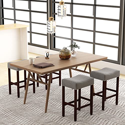 Image of COSTWAY Wooden Saddle Stools Set of 4, 25-inch Backless Counter Chairs with Nailhead Trim, Rubber Wood Frame, Footrest, Max Load 330 Lbs, Upholstered Bar Stools for Kitchen Island, Grey+Brown