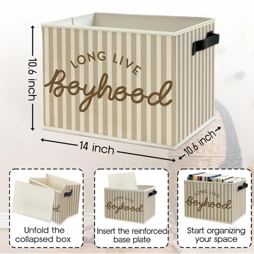 Image of Long Live Boyhood Boys Storage Bins Box with Handles, Beige Stripe Collapsible Basket Organizer for Kids Teen Boy Nursery Room Bedroom Bathroom Playroom Books Clothes