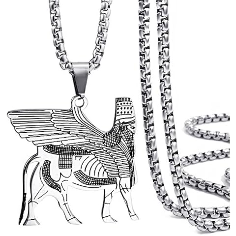 ELFASIO Men Stainless Steel Pendant Necklace Assyrian lamassu Å edu Human-Headed Winged Lions Bull Chain 20 inch Cover