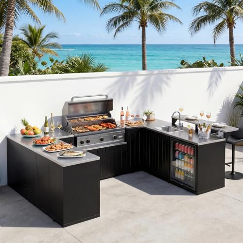 PIAOMTIEE Large Outdoor Kitchen Island with 304 Stainless Steel Countertop & Sink U-Shaped Kitchen Bar Table with Grill Prep Cabinet Trash Can Cabinet Storage Drawers Black Cabinets Island for Patio