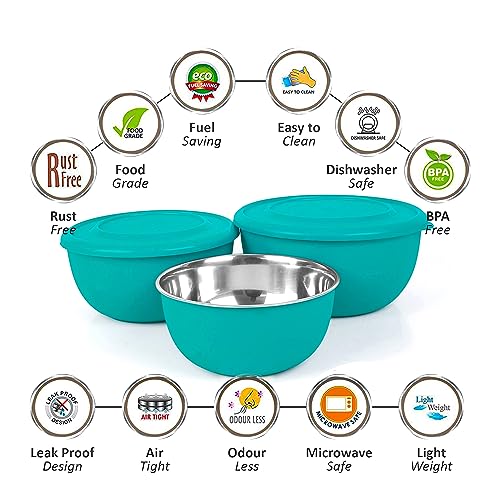Image of Zaib Stainless Steel Microwave Safe Mixing Bowl Set of 6 with Lids (2 x 3) | 500ml, 800ml & 1250ml Storage Bowls (Classic Turquoise & Sand Brown)