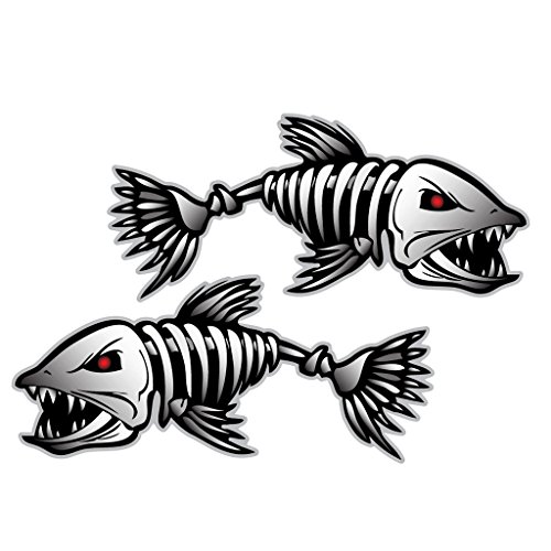 Pack of 2 Fish Skeleton Stickers, Decals, Fishing Boat, Car, Window, Laptop