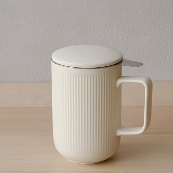 WENSHUO Ceramic Tea Infuser Cup with Stainless Steel Brewing Basket and Lid, Perfect for Steeping Floral Teas, Large Capacity, 20oz, Matte Creme Matte Creme