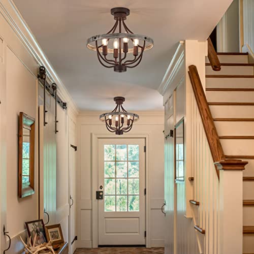 Tacdandm 17“ Farmhouse Chandelier Light Fixtures 4-Light Rustic Flush Mount Ceiling Light Faux Wood Vintage Chandeliers Pendant Lighting For Dining Room Kitchen Foyer Hallway Entryway Bedroom Closet #TOP4