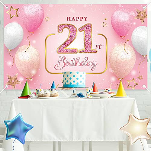 Happy 21St Birthday Banner For Her, Glitter Pink Diamond Birthday Poster Background For Anniversary Photo Booth Background, Birthday Party Decoration #TOP1