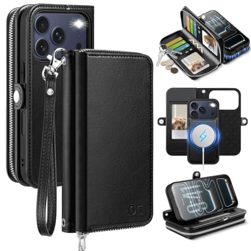 OCASE for iPhone 17 Pro Max Magnetic Detachable 2 in 1 Case Wallet, RFID Blocking Card Holder for Women and Men Fashion PU Leather Flip Zipper Phone Case with Shoulder Wrist Strap-Detachable Black by OCASE - Used condition - CA$36.35