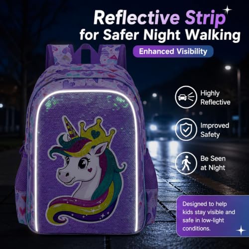Image of 3Pcs Unicorn Backpack for Girls, 16 inch Sequin Bookbag Set for Kids, Elementary Preschool Preschool School Backpacks with Lunch Box (Purple)