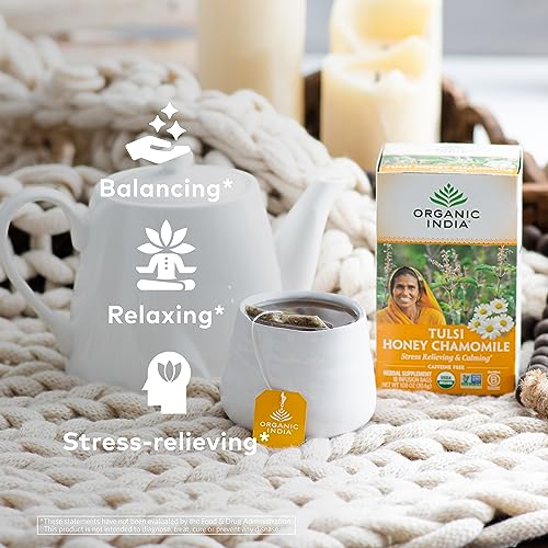 Image of Organic India Tulsi Honey Chamomile Herbal Tea - Holy Basil, Stress Relieving & Calming, Immune Support, Adaptogen, Vegan, USDA Certified Organic, Caffeine-Free - 18 Infusion Bags, 1 Pack