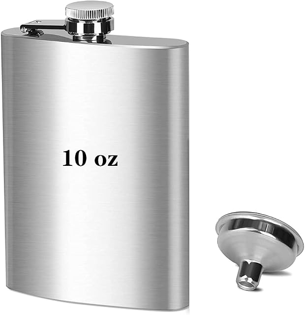 kuou 10oz Hip Flask, Portable Pocket Whiskey, Stainless Steel Flagon with Handy Funnel for Climbing Camping Barbecue Bar Party Drinker, Silver