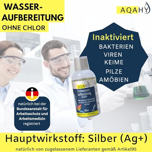 AQAHY Trinkwasseraufbereitung Silver ohne Chlor - (100 ml) für 1000 l Wasser - Inaktiviert Keime, Viren und Bakterien - Silberionen für sicheres Trinkwasser | Camping, Wohnmobil, Outdoo