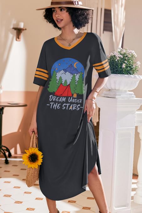 Image of Ekouaer Long Nightgown, Womens V Neck Loungewear Oversized Sleepwear Loose Sleep Dress S-4XL