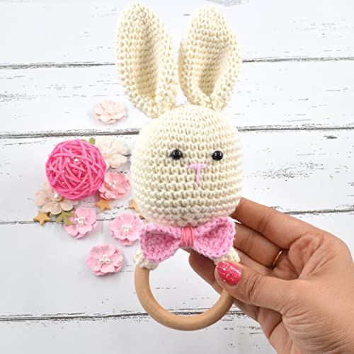 Image of Love Crochet Art Animal Shape Crochet Rattle Cum Soft Toy for Infant, Kids & Babies, Early Age Gift Toys (Bow Rabbit - Cream)