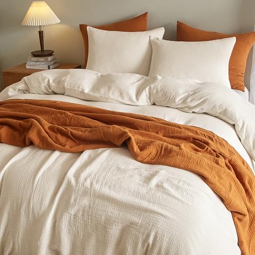 SE SOFTEXLY Muslin Duvet Cover California King Size, 100% Washed Cotton Duvet Cover Set, Ultra Soft Comforter Cover Linen Like, 3 Pieces Gauze Duvet Cover with 2 Pillowcases, 98"x104", Off-White