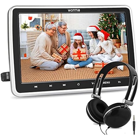 WONNIE 10.5 Inch Car DVD player for Kids, Headrest DVD Monitor with HDMI Input, Support 1080P MP4 Video, Region Free, AV In/Out, Mounting Brackets & Headphones Included Cover