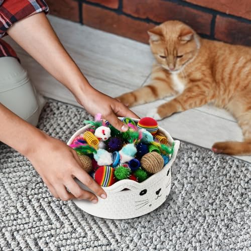 Image of Zopeal 2 Pack Small Cat Woven Basket with Gift Bag and Ribbon, Empty Decorative Gift Basket, Toy Cotton Rope Storage Organizer for Nursery Baby Shower Birthday 8.3 x 4.7 Inch(White)