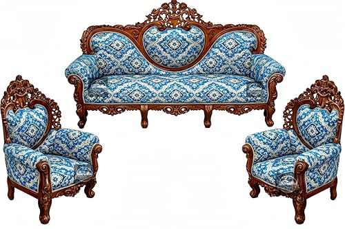 Image of Royal Carved Wooden Sofa Set | 3+1+1 Seater | Antique with Button Tufted Velvet Upholstery | Victorian Style Living Room Furniture Tufted Sofa Set Grey 3-Piece (Design 9)