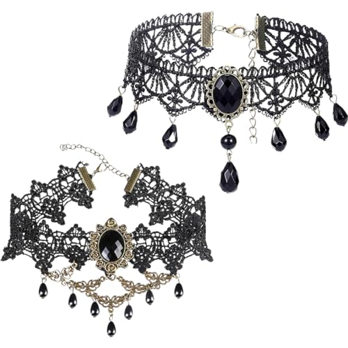 LYQNIHOB 2 Stücke Schwarze Gothic-Spitze Halsbänder, Punk-Spitze Halskette, Damen Gothic Lolita Spitze Halsreif Kragen für Halloween Cosplay,...