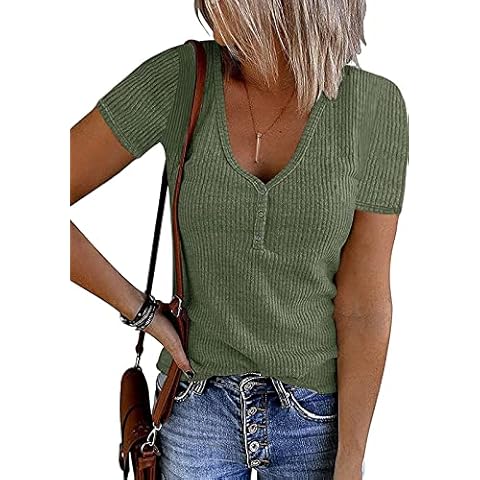 MEROKEETY Camisetas de manga corta con cuello en V y botones de punto acanalado Cover