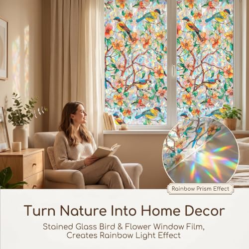 Image of SUNBABY Stained Glass Window Privacy Film, Rainbow Floral Bird, 23.6 inchx78.7 inch | Static Cling Decorative, No Glue, Renter-Friendly, Day and Night Privacy, UV Blocking, for Bathroom, Glass Door, with 3 Tools