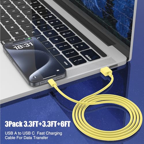 Image of 3-Pack Yellow [3.3FT+3.3FT+6FT] USB A to USB C Cable，USB to USB C Car Carplay Cable for iPhone 16 15 Pro Plus Pro Max，for iPad Pro /Air /Mini，for Samsung S24 /S23 /S22 /S21，for MacBook Pro /Air and More