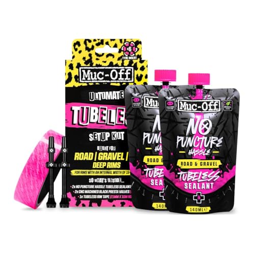 Muc-Off Ultimate Tubeless Setup Kit - Kit Sellador de Neumáticos para Reparación de Rueda de Bicicleta Tubeless, Road/Gravel/CX 60 mm - Con Fondo de Llanta, Parches, Válvulas y Sellador de Ruedas