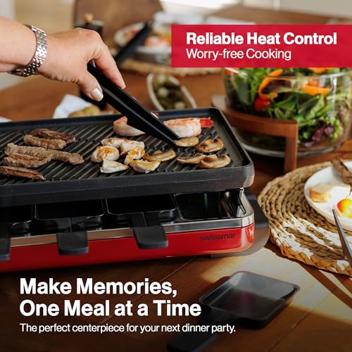 Image of Swissmar Classic 8-Person Raclette Party Grill with Reversible Cast Aluminum Non-Stick Grill Plate /Crepe Top, Indoor Electric Raclette Grill & Griller - Black Grill Plate - Red