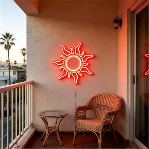 Image of Sun Neon Sign, USB Powered Dimmable Neon Light, Home Bedroom Game Room Cafe Bar Party Decor, Modern Style Wall Art, Gift for Teens Boys Girls, 11.8 Inch Red LED Light Up Decorative Sign