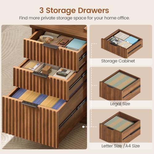 Image of SEDETA Fluted 70.9 inch L Shaped Desk with Drawers, Fluted Brown | Home Office Desk with Storage Cabinet and Storage Shelves,L Shaped Computer Desk with Power Outlet