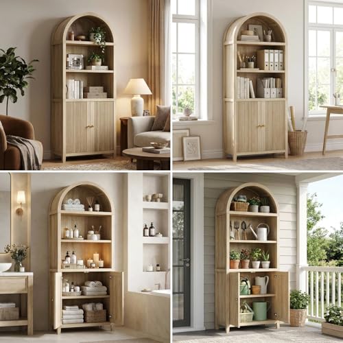 Image of ModernMate 76 inch Tall Arched Bookcase, 5 Tier Fluted Cabinet with Doors & Adjustable Shelves, Large Arch Bookshelf with Storage, Modern Open Display Tall Pantry for Living Room, Office, Natural Oak