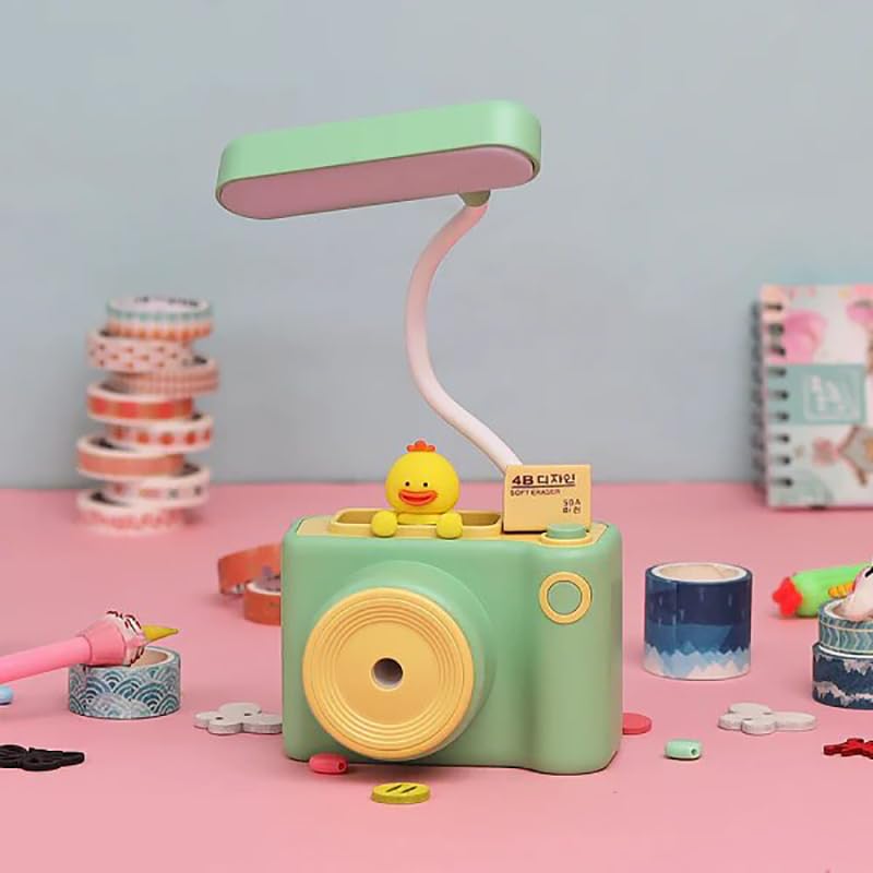Image of Kiditos Small Study Desk LED Lamp Rechargeable, 360 Flexible Gooseneck With Pen Holder, Pencil Sharpener, Table for Girls Boys Room (Camera), Green
