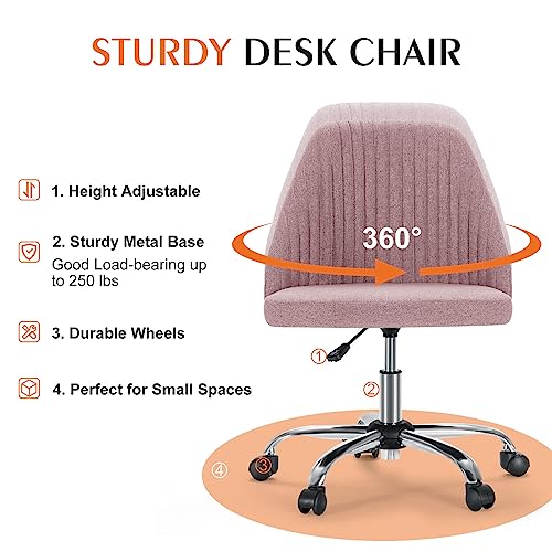 Image of Sweetcrispy Armless Vanity Chair, Cute Comfy Home Office Desk Chair with Wheels, Modern Upholstered Task Computer Seat for Bedroom, Study, Makeup Vanity, Height Adjustable & Swivel Fit, Dusty Pink