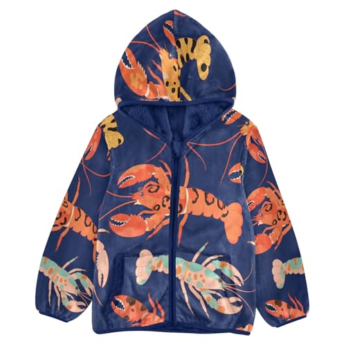 Lobster Print on Blue Background Toddler Fleece Jacket Girl Boys Hooded Fleece Jacket Coat Warm Outwear Zip-up 3-10T