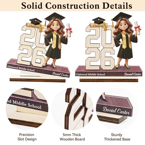 Custom Class of 2026 Senior 2D Flat Character with Name, Personalized Graduation Gift for Girls Boys Friends Family, 5mm Wooden Plaque Keepsake with Graduation Character (Girl01) - Image 5