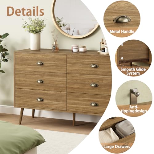 Image of Oak 6 Drawer Dresser for Bedroom, 47 inch Wood Dresser with Gold Handles.