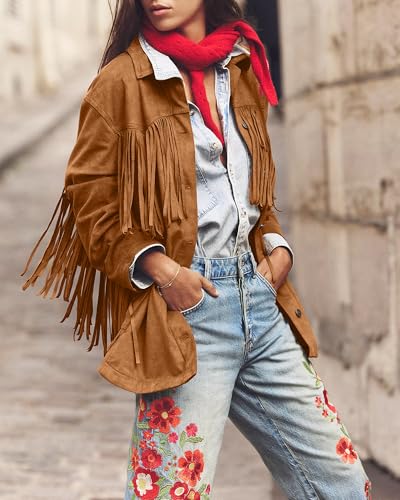 Gacaky Women's Oversized Faux Suede Fringe Jacket Vintage Western Cowgirl Tassel Jackets Country Concert Outfits4