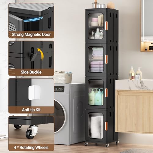 Image of BROVIEW 1-Tier Tall Narrow Storage Cabinet Organizer, Slim Bathroom Cabinets with Adjustable Shelves and Door, Plastic Kitchen Pantry Organizers and Storages for Small Space, Laundry, Black