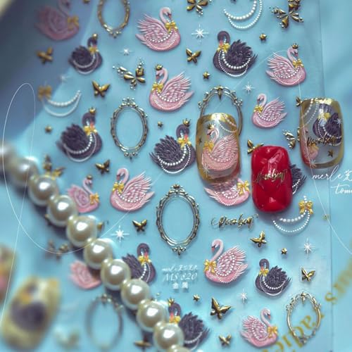 Image of Swan Nail Art Sticker Decals Black Pink Nails Decals with Golden Border Design Small Gold Butterfly Nails Stickers for Women Girls 5D Embossed Self Adhesive Manicure Charms DIY Decoration