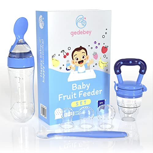 Gedebey Baby Food Feeder Pacifier – 3 Pack | 1 Frozen Fruit Teethers for Babies, 1 Baby Food Dispensing Spoon & 1 Silicone Baby Spoon | Baby Silicone Feeder Pacifier | Teething Feeder (Blue)