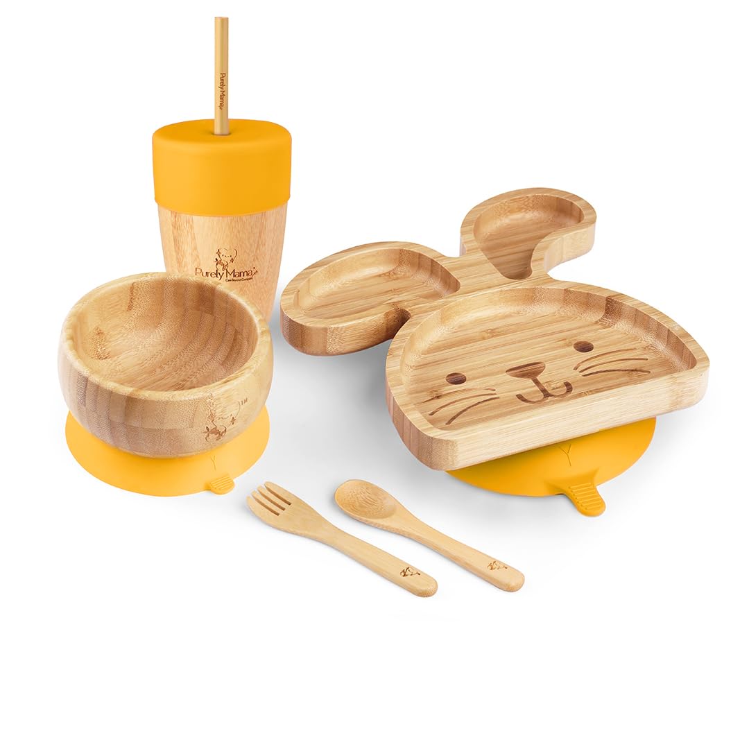 PURELY MAMA Baby Feeding Set with Suction – Bunny Plate, Bowl, Spoon, Fork & Sippy Cup | Natural Dinner Set for Toddlers & Babies | BPA Free & Food Safe (Yellow)-image-0