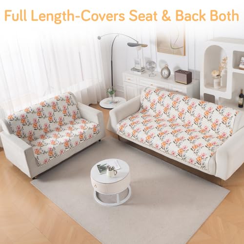 Image of HOKIPO Painterly Floral Quilted Sofa Cover 5 Seater with Tassels - (3+2) for Seat & Back | 'Tassel Twigs' Series (IN-991-T8 + IN-990-T8)