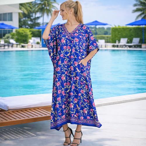 Image of Miss Lavish London Kaftan Dresses for Women Plus Size Long Batwing Sleeve Caftans, V Neck Moo Moo Printed Beach Cover Up Maxi Beach Dress, Bathing Suit Cover-Up Loungewear
