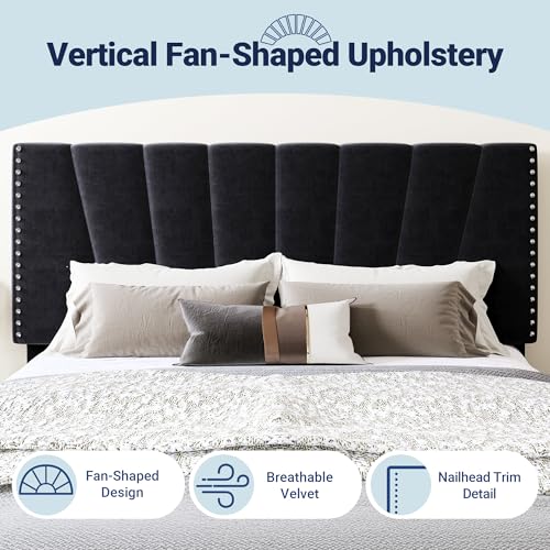 Image of Allewie King Size Velvet Platform Bed Frame with Adjustable Headboard Black | Height-Adjustable Velvet Headboard, Rivet-Style Nailhead Trim, Wooden Slat Support, No Box Spring Needed, Easy Assembly