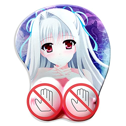 LNIUB Japanese Anime Silver Hair Girl 3D Mousepads with Silicone Wrist Rest Support, Cute Animation Character Oppai Mice mat Wrist Height 3.2 cm