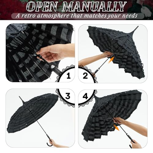 Abbylike 2 Pcs Black Pagoda Parasol Umbrella 47.2 Inch Halloween Vampires Elegant Lace Victorian Sunproof Parasol for Sun Rain Protection Wedding Cosplay Party Photoshoot Decor Gothic Enthusiasts