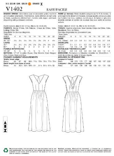 Patron de robe Vogue V1402 design multicolore avec planche multi-taille