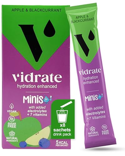 Vidrate Electrolytes Powder Minis - Hydration Sachets with Vitamins & Electrolytes For Kids - Zero Sugar Hydration Powder No Artificial Sweeteners & Preservatives - Apple & Blackcurrant 8 Sachets