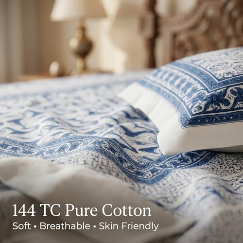 Image of Mafatlal 144 TC Heritage 100% Cotton Queen Size Bedsheet (90x108 inches) with Matching Pillow Covers | Soft & Comfortable | Elegant Printed Heritage Design | Cobalt Blue